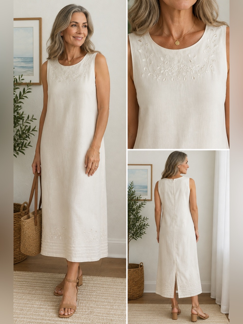 Vintage Half Moon Bay Linen Rayon Embroidered Ivory Midi Dress Size 14